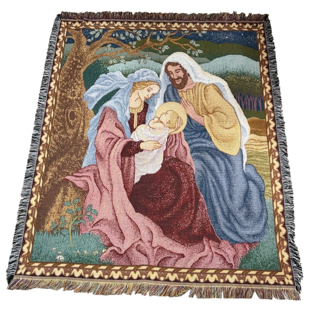 Vintage American Weavers 90s Tapestry Throw Blanket USA Holy Family Nativity